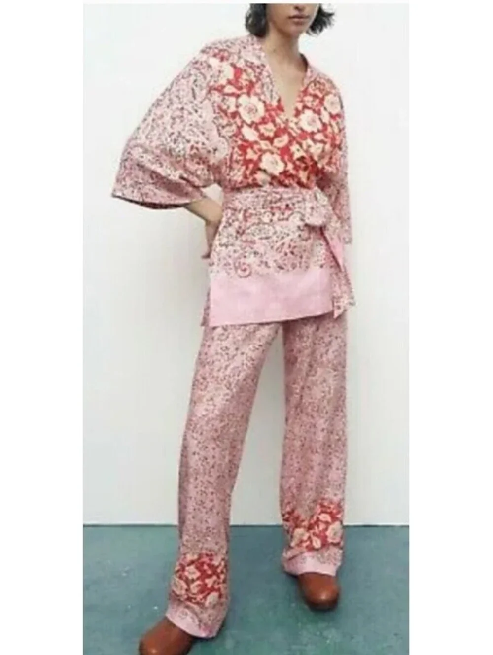 ZARA XS Pink Floral Paisley Linen Palazzo Pants Wide Straight Leg